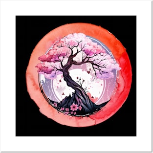 Japanese Orange Pink Cherry Blossom Art Posters and Art